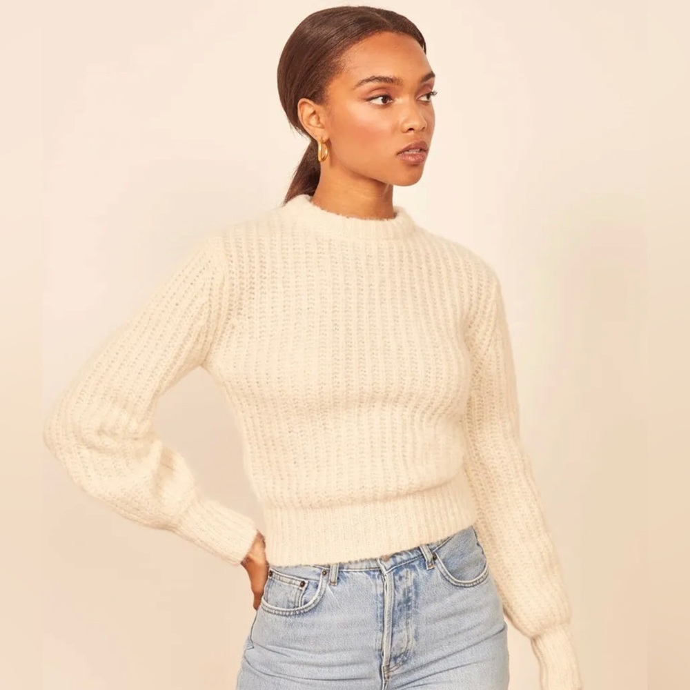Reformation Tatum Alpaca Chunky Knit Balloon Sleeve Crew Neck Pullover Sz XS